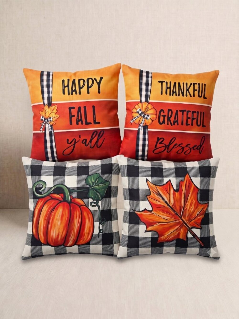 NWOT Set of 4 Fall Harvest Buffalo Plaid Pumpkin Leaf Throw Pillow Covers 18"x18